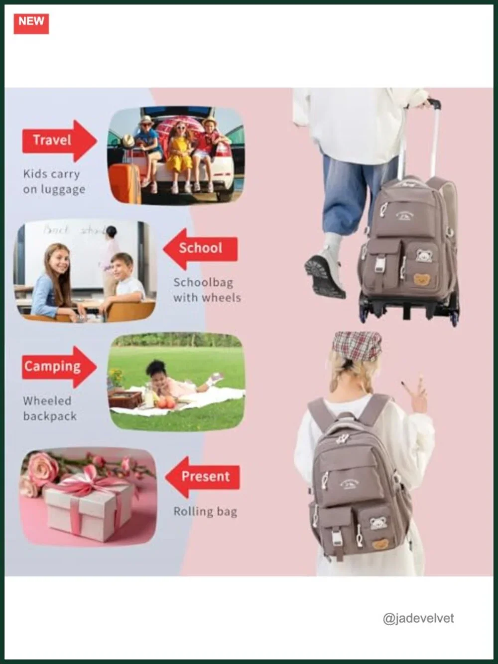 Rolling Backpack for Kids, Water-Resistant Nylon, 2 Wheels, Elementary & Middle